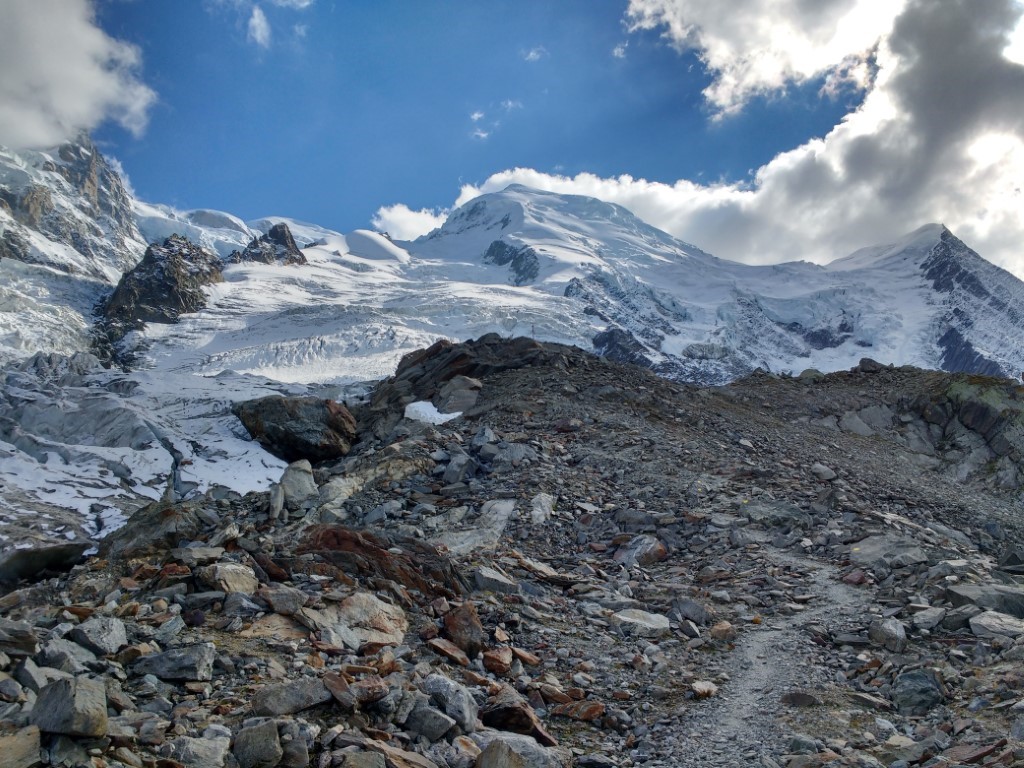Mont Blanc from La Jonction - snowy mountains with footpath in the foreground