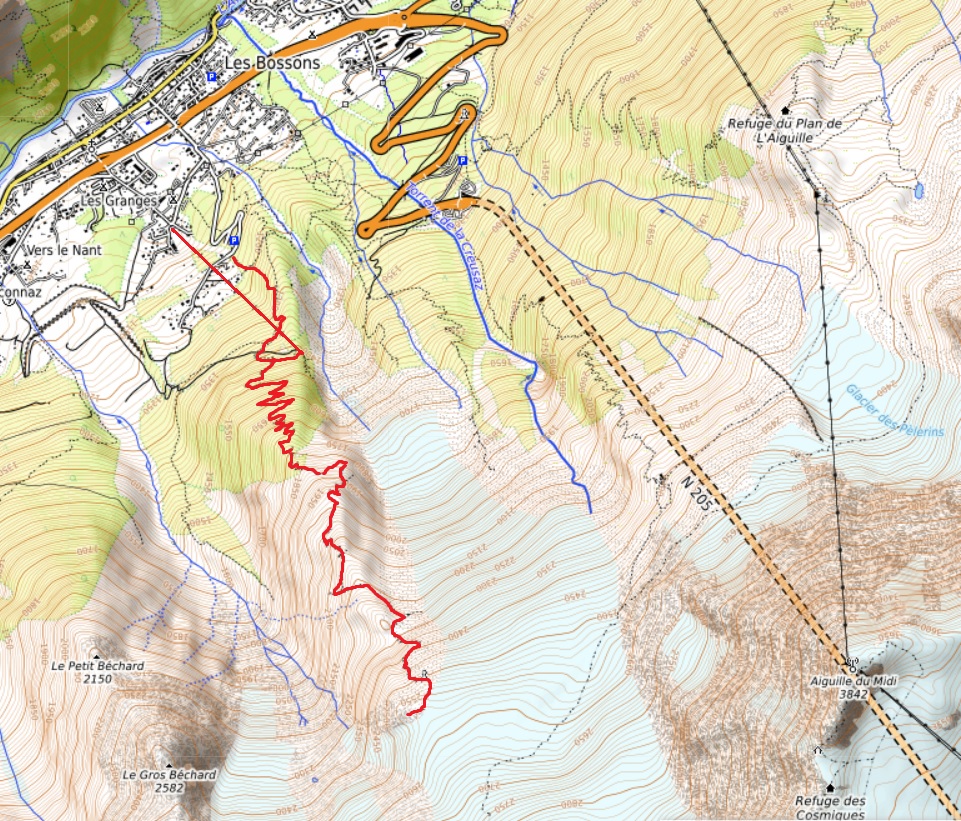 Map showing the path to La Jonction from Les Bossons