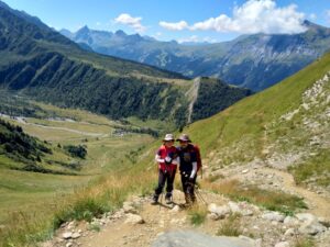 Two hikers at the Col du Tricot on the one week Tour du Mont Blanc