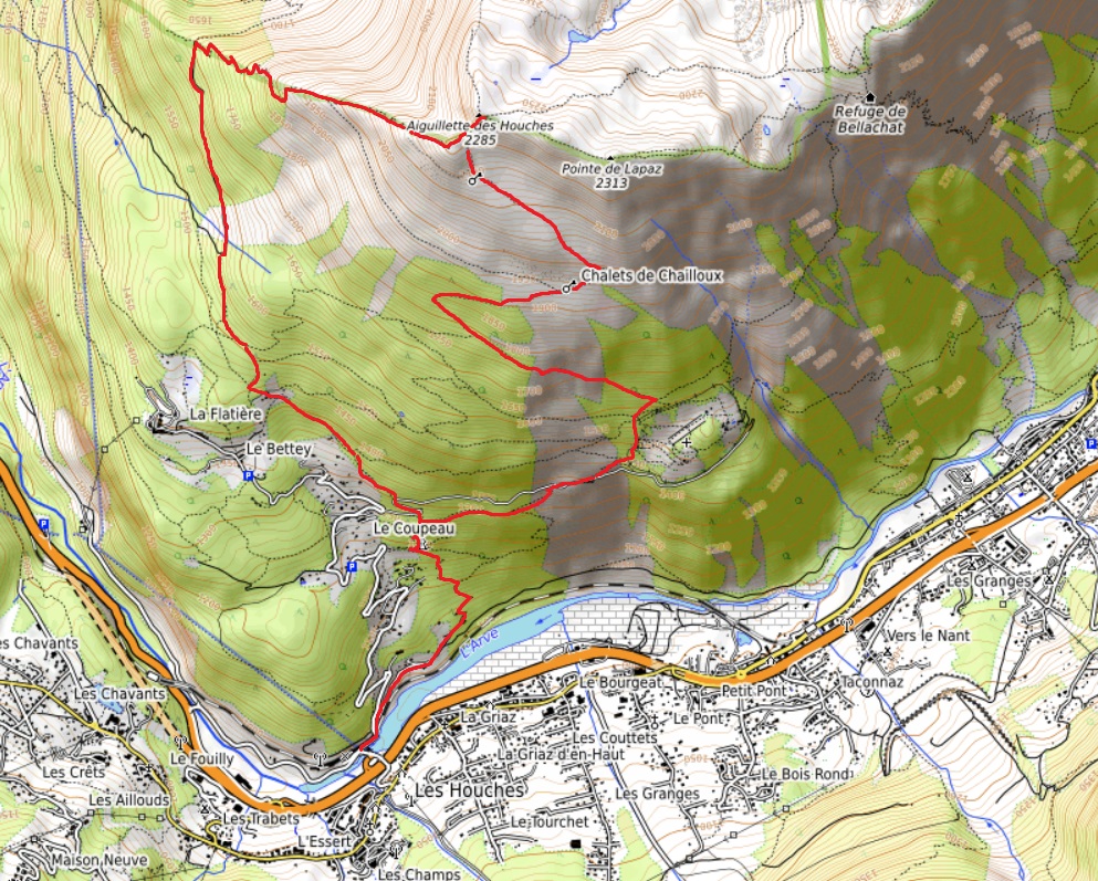 Map showing the route from Les Houches station to Aiguillette des Houches