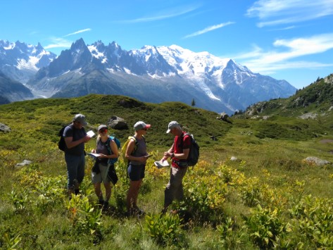 Hikers with maps in front of Mont Blanc