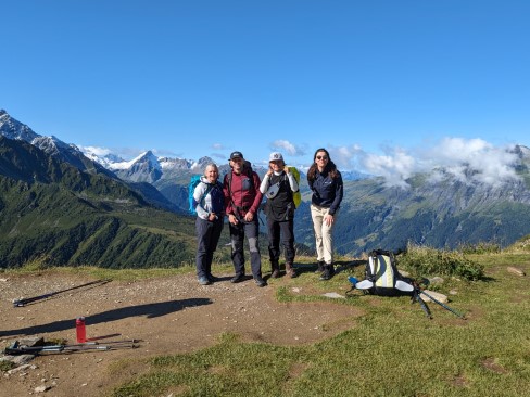 Hikers at a col on the TMB