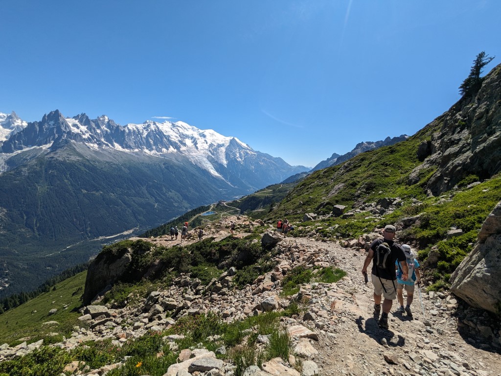 Lac Blanc descent - hikers with mountains in background
