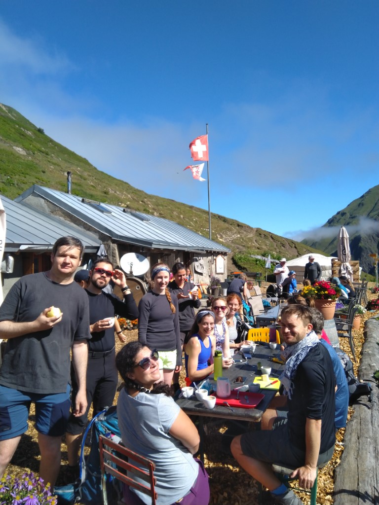 Hikers at a mountain refuge on the one week Tour du Mont Blanc