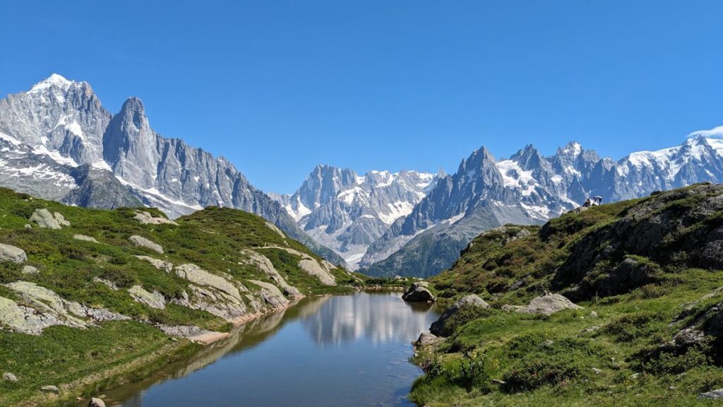Chamonix mountains reflected in a lake