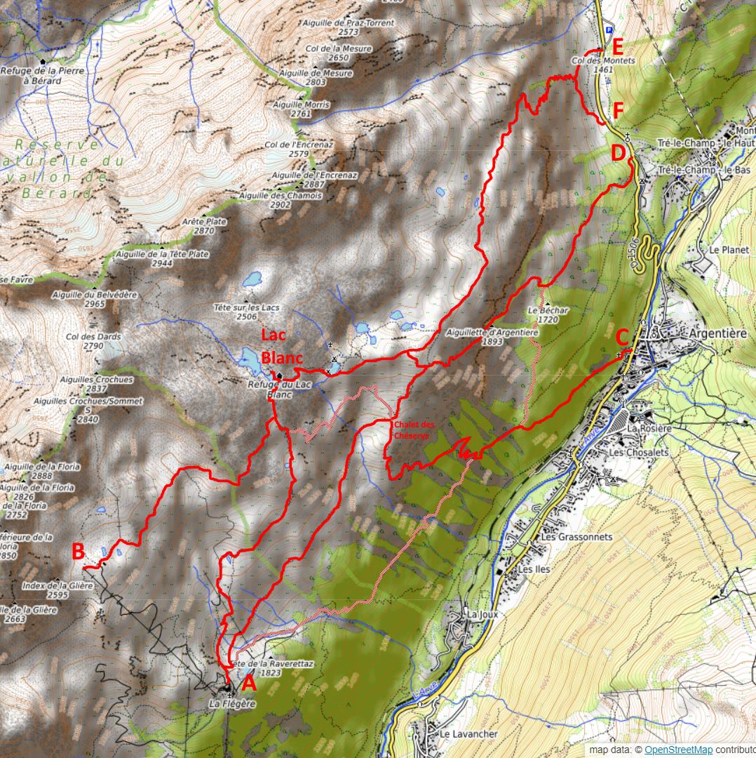 Map showing routes to Lac Blanc