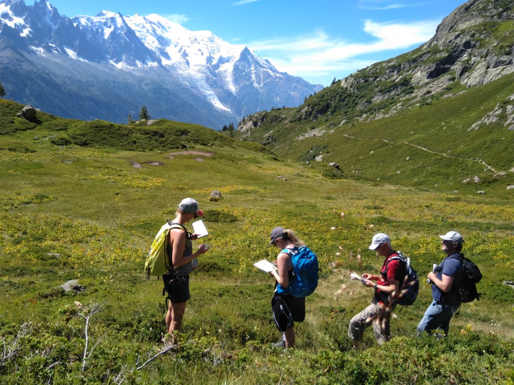 Four hikers practicing navigation skills in front of Mont Blanc