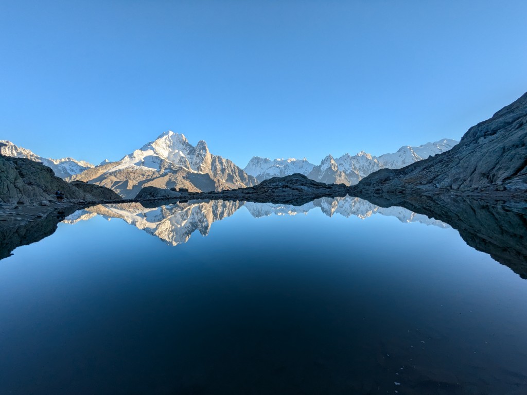The Aiguille Vert, Dru and Grandes Jorasses reflected in Lac Blanc