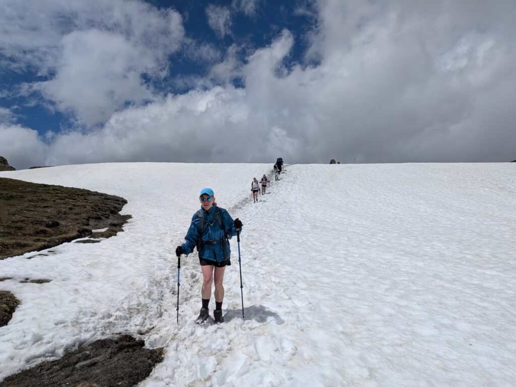 Hikers crossing a snowfield on a multi-day trek